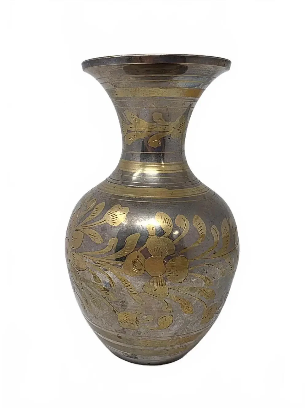 Vintage Silver Tone Brass Vase Engraved Floral Metal Decor 6.75